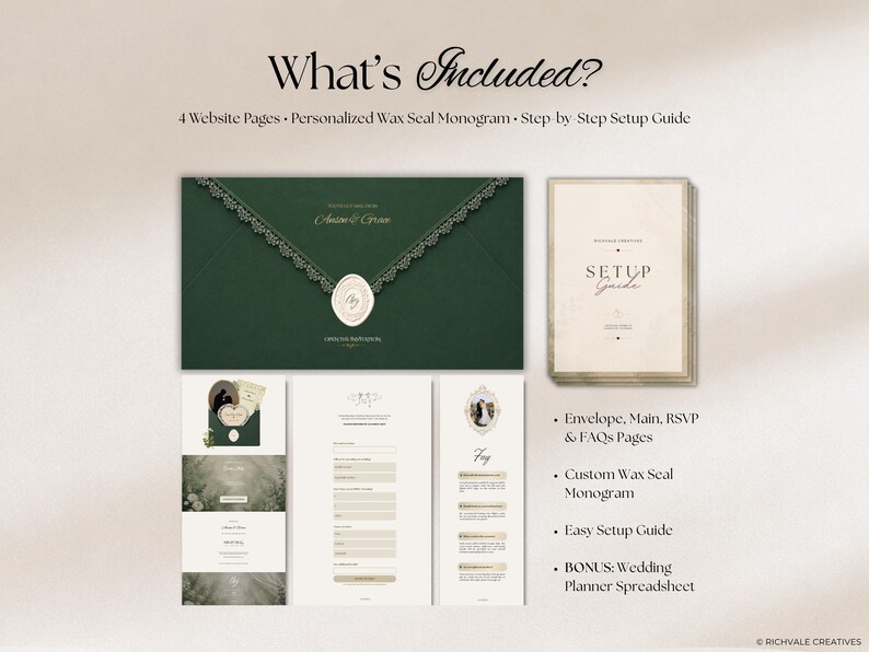 May include: A digital wedding website template set featuring a dark green envelope with a decorative lace trim and a wax seal monogram. The set includes four website pages, a setup guide, and a wedding planner spreadsheet with text labels.