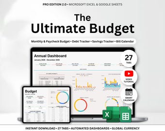 Modèle de budget de feuille de calcul de budget annuel ultime Excel Google Sheets Budget des chèques de paie Suivi du budget mensuel Calculatrice de la dette Suivi des factures