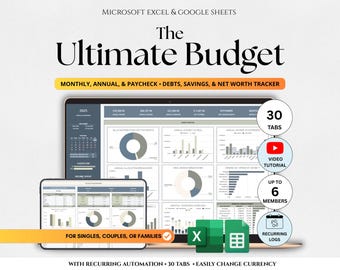 Annual Budget Spreadsheet Budget Template Excel Google Sheets, Paycheck Budget Monthly Budget Tracker Debt Calculator Bill Tracker Net Worth