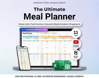 Planificateur de repas hebdomadaire Feuille de calcul Feuilles Google Planificateur de menus hebdomadaire Excel Liste de courses automatique Cartes de recettes Inventaire du garde-manger Planificateur de préparation des aliments