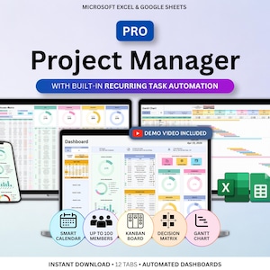 May include: A digital project management tool displayed on a laptop, tablet, and smartphone. The interface shows dashboards, calendars, and Gantt charts. Text includes "Project Manager," "Smart Calendar," and "Up to 100 Members." The image also includes the Microsoft Excel and Google Sheets logos.