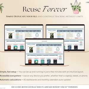 May include: Three laptops displaying a spreadsheet interface with the text "Book Gallery." The phrase "Reuse Forever" is at the top. The image includes the text "Simple, fast setup," "Accessible everywhere," and "Automatic calculations."
