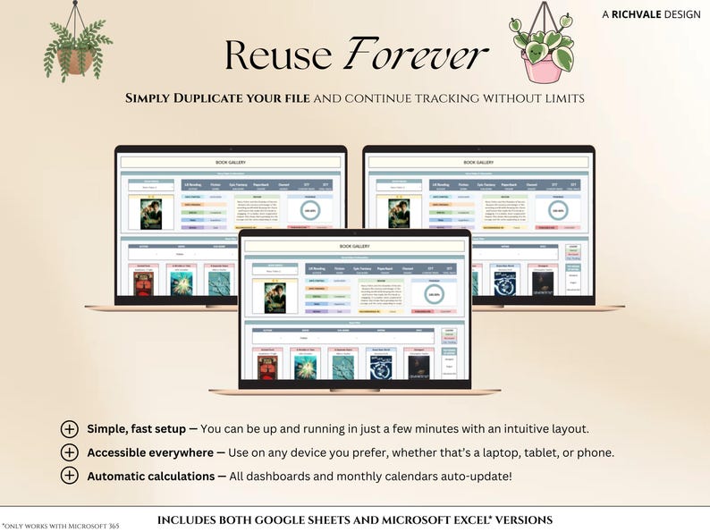 May include: Three laptops displaying a spreadsheet interface with the text "Book Gallery." The phrase "Reuse Forever" is at the top. The image includes the text "Simple, fast setup," "Accessible everywhere," and "Automatic calculations."