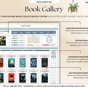 May include: A digital interface titled "Book Gallery" with a light beige background. The interface displays book covers, filters, and review details. Text includes "Browse Your Entire Book Collection" and "Visual Library View". A hanging plant is in the upper right corner.
