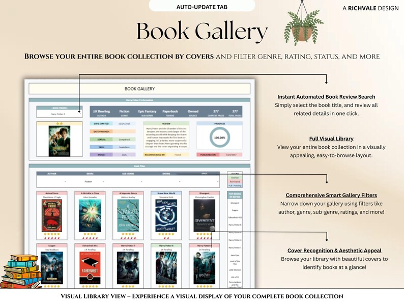 May include: A digital interface titled "Book Gallery" with a light beige background. The interface displays book covers, filters, and review details. Text includes "Browse Your Entire Book Collection" and "Visual Library View". A hanging plant is in the upper right corner.