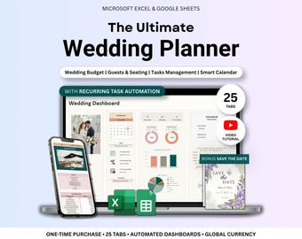 Tableur de l'organisateur de mariage, suivi du budget de votre mariage, feuilles Excel Google, chronologie du mariage, liste des invités, plan de la salle, itinéraire de mariage, lune de miel