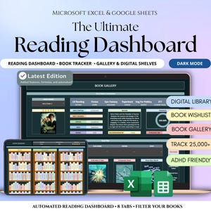 Book Tracker Reading List Planner Dark Mode Spreadsheet Reading Tracker Digital Reading Library Book Planner Dashboard Excel Google Sheets