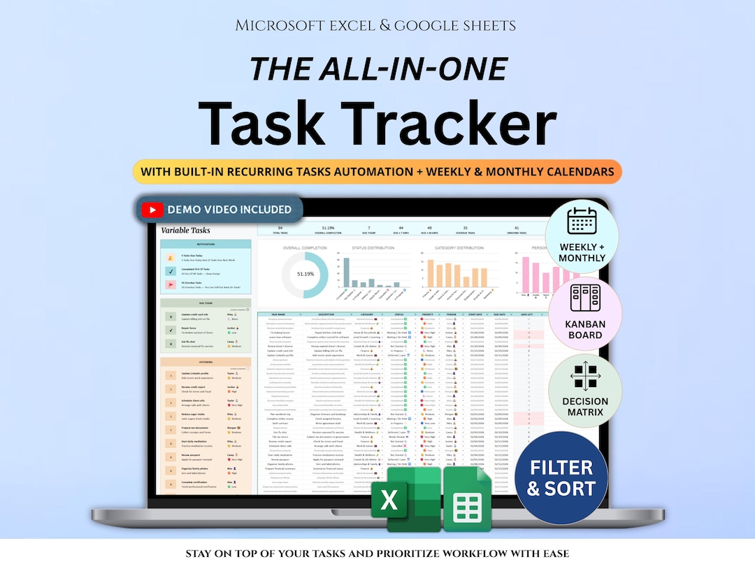 Task Tracker Spreadsheet Excel Google Sheets to Do List Work Organizer ...