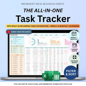 Rastreador de tareas Hoja de cálculo Excel Hojas de cálculo de Google Lista de tareas pendientes Organizador de trabajo Planificador de tareas recurrentes Bloqueo de tiempo Matriz de Eisenhower Tablero Kanban