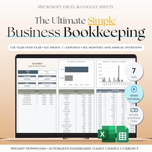 Puede incluir: Una pantalla de portátil muestra una hoja de cálculo de contabilidad empresarial. La pantalla muestra gráficos y tablas de datos. El texto en la pantalla dice "The Ultimate Simple Business Bookkeeping". El texto adicional incluye "Use Year Over Year", "See Profit vs Expenses" y "See Monthly and Annual Overviews."