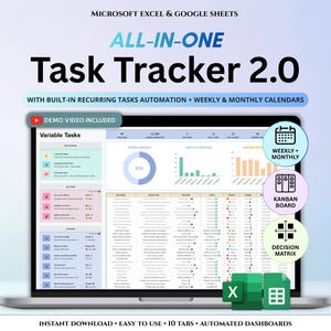 May include: A laptop screen shows a task tracker template for Microsoft Excel and Google Sheets, labelled "Task Tracker 2.0". Features include recurring tasks, weekly and monthly calendars, and a Kanban board. The screen also shows a demo video.