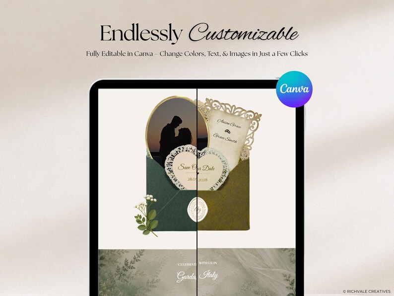 May include: A digital template display featuring the text Endlessly Customizable and Fully Editable in Canva. The graphic shows a dark green envelope containing a heart-shaped Save Our Date card, a photo of a couple, and a decorative invitation.