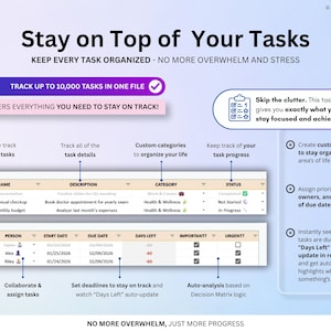 May include: A digital task tracker interface with the text "Stay on Top of Your Tasks." The interface includes sections for task details, categories, and deadlines. It features a purple and blue colour scheme and emphasises organisation and progress.