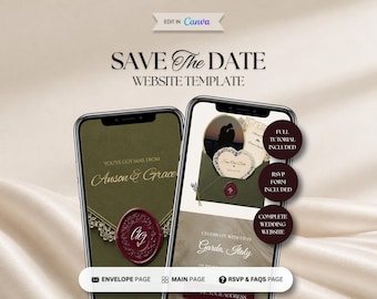 Réservez le modèle de site Web olive et bourgogne, site Web de mariage, faire-part de mariage numérique avec réservation modifiable RSVP modèle de date