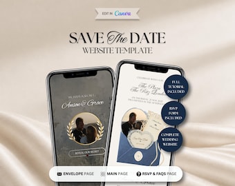 Modèle de site web « Save the Date » bleu poudré et crème, site web de mariage modifiable, invitation numérique avec RSVP, invitation de mariage Canva modifiable