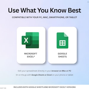 May include: The image displays the text "Use What You Know Best" and icons for Microsoft Excel and Google Sheets. The text indicates compatibility with PC, Mac, smartphone, or tablet. The image also includes the text "Edit your spreadsheet directly in your browser on Mac or PC."