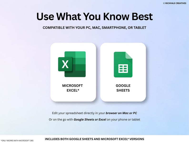 May include: The image displays the text "Use What You Know Best" and icons for Microsoft Excel and Google Sheets. The text indicates compatibility with PC, Mac, smartphone, or tablet. The image also includes the text "Edit your spreadsheet directly in your browser on Mac or PC."