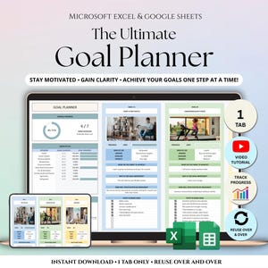 Może przedstawiać: Cyfrowy planista celów wyświetlany na laptopie i tablecie z tekstem "The Ultimate Goal Planner". Planista zawiera sekcje do wyznaczania celów, śledzenia postępów i samouczka wideo. Projekt zawiera elementy niebieskie, zielone i białe.