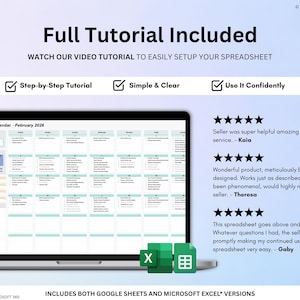 May include: A laptop screen shows a spreadsheet calendar for February 2026, in teal and white. The image includes the text "Full Tutorial Included" and customer testimonials. The spreadsheet works with Google Sheets and Microsoft Excel.
