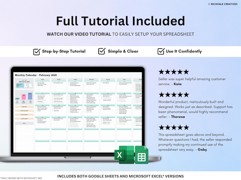 May include: A laptop screen shows a spreadsheet calendar for February 2026, in teal and white. The image includes the text "Full Tutorial Included" and customer testimonials. The spreadsheet works with Google Sheets and Microsoft Excel.