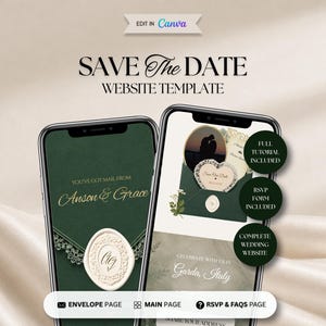 May include: Two smartphones displaying a Save The Date website template with dark green backgrounds, gold text, and wax seal motifs. The screens show Anson & Grace, Garda, Italy, and buttons for Envelope Page, Main Page, and RSVP & FAQs Page.