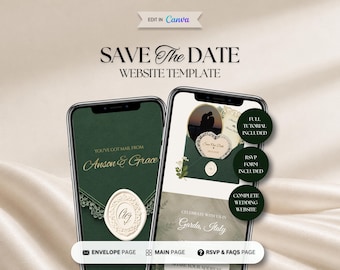 Modèle de site Web « Save the Date » émeraude et champagne, site Web de mariage modifiable, faire-part numérique avec RSVP, modèle Canva