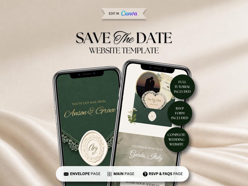 May include: Two smartphones displaying a Save The Date website template with dark green backgrounds, gold text, and wax seal motifs. The screens show Anson & Grace, Garda, Italy, and buttons for Envelope Page, Main Page, and RSVP & FAQs Page.