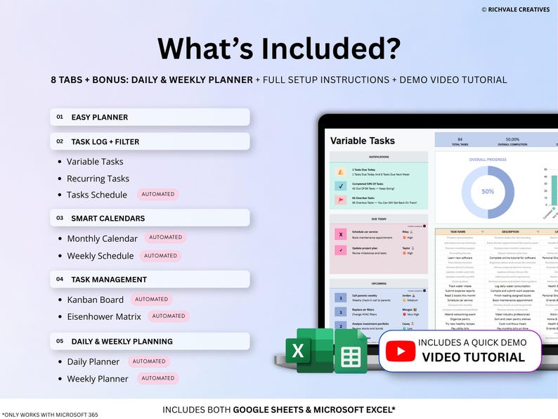 May include: A digital planner interface with the text "What's Included?" lists features like task management, smart calendars, and daily/weekly planning. Includes a demo video tutorial and works with Google Sheets and Microsoft Excel.