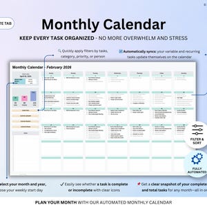 May include: A digital monthly calendar template, titled "Monthly Calendar", with the text "Keep every task organised - no more overwhelm and stress." The calendar includes task sections, filters, and automation, with the text "Plan your month with our automated monthly calendar."