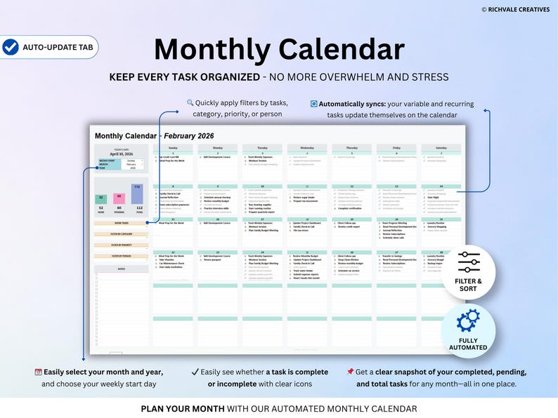 May include: A digital monthly calendar template, titled "Monthly Calendar", with the text "Keep every task organised - no more overwhelm and stress." The calendar includes task sections, filters, and automation, with the text "Plan your month with our automated monthly calendar."