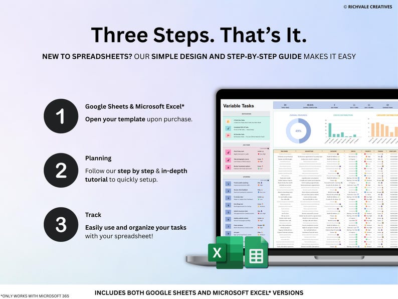 May include: A laptop screen shows a spreadsheet with data and charts, with the text "Three Steps. That's It." and instructions for Google Sheets and Microsoft Excel. The image includes the text "NEW TO SPREADSHEETS? OUR SIMPLE DESIGN AND STEP-BY-STEP GUIDE MAKES IT EASY."