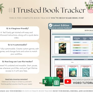 May include: Digital book tracker with the text "#1 Trusted Book Tracker" and "This is the complete book tracker you've been searching for!" The tracker includes a book gallery, a video tutorial, and is customizable.