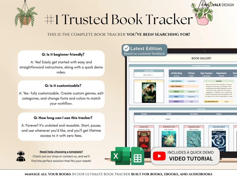 May include: Digital book tracker with the text "#1 Trusted Book Tracker" and "This is the complete book tracker you've been searching for!" The tracker includes a book gallery, a video tutorial, and is customizable.