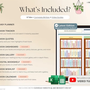 May include: Digital bookshelf planner with 8 tabs, including an easy planner, book tracker, and book quotes. Features a digital bookshelf, book gallery, and a quick demo video tutorial. Includes Google Sheets and Microsoft Excel compatibility.