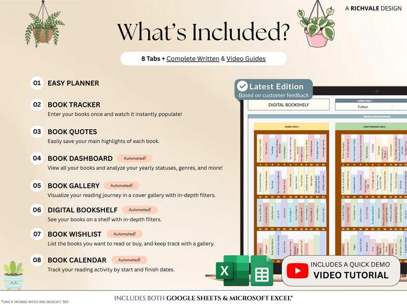May include: Digital bookshelf planner with 8 tabs, including an easy planner, book tracker, and book quotes. Features a digital bookshelf, book gallery, and a quick demo video tutorial. Includes Google Sheets and Microsoft Excel compatibility.