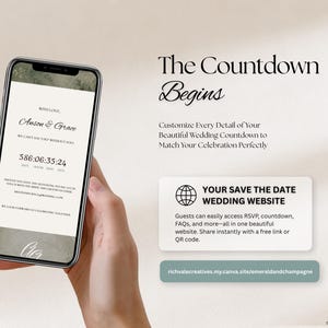 May include: A smartphone displaying a wedding countdown website with the text Anson & Grace, 586:06:35:24, and the heading The Countdown Begins. The screen shows a digital invitation with green botanical accents and a link to a wedding website.
