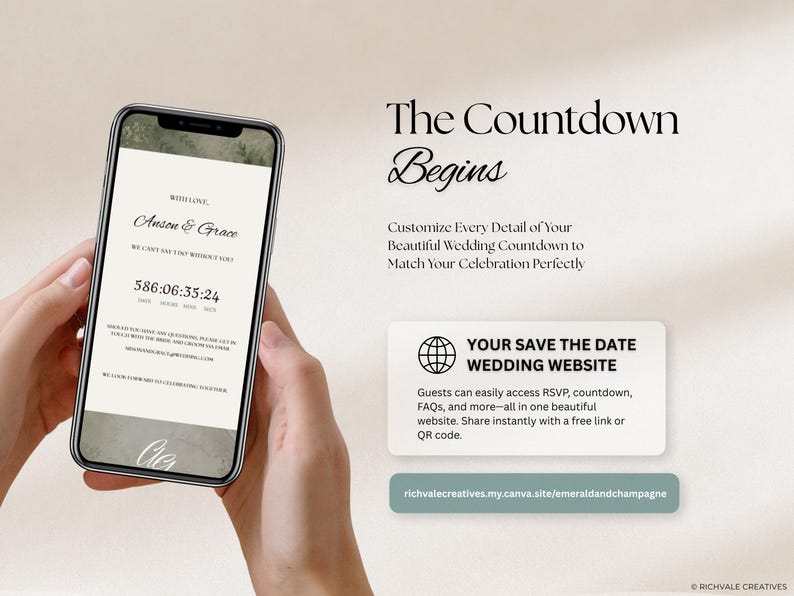 May include: A smartphone displaying a wedding countdown website with the text Anson & Grace, 586:06:35:24, and the heading The Countdown Begins. The screen shows a digital invitation with green botanical accents and a link to a wedding website.