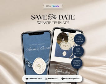 Modèle de site Web « Save the Date » bleu poussiéreux et champagne, site Web de mariage, faire-part de mariage numérique avec RSVP, canva modifiable « Save the Date »