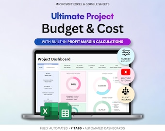 Feuille de calcul du planificateur de projet Excel Google Sheets Feuille de calcul du suivi des coûts d'un projet Gestion de projet Revenus et dépenses d'un projet d'entreprise