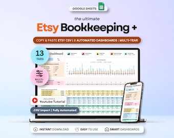 Tableur comptable Etsy, suivi des revenus et des dépenses, tableau de bord des bénéfices, organisateur financier Google Sheets pour importation CSV, outil pour vendeurs Etsy
