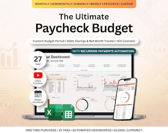 Feuille de calcul budgétaire annuel ultime Modèle de budget de chèque de paie Excel Google Sheets Suivi du budget toutes les deux semaines Suivi des factures Calculatrice de la dette