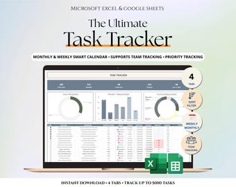 Hoja de cálculo de seguimiento de tareas Hojas de cálculo de Google Planificador de Excel Hoja de cálculo de lista de tareas Plantilla de productividad Administrador de tareas Proyecto de equipo Prioridad de tareas