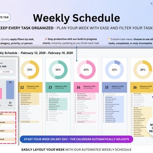 May include: A digital weekly schedule template titled "Weekly Schedule". It features task organization, progress charts, and filtering options. The text includes "Keep every task organised" and "Start your week on any day". Measurements are not applicable.
