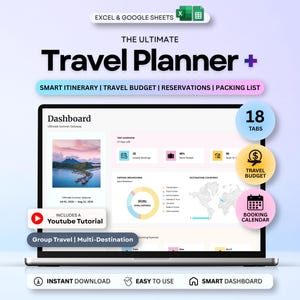 Puede incluir: Una plantilla de planificador de viajes digital para Excel y Google Sheets en una pantalla de portátil. El panel muestra un resumen del viaje, desglose de gastos y un mapa. Incluye 18 pestañas, presupuesto de viaje y un tutorial de YouTube.