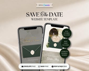 Modèle de site web « Réservez la date » Jade & Ivory, site web de mariage modifiable, invitation numérique avec RSVP, invitation sans papier Canva modifiable
