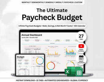 Feuille de calcul budgétaire bihebdomadaire pour Excel Google Sheets Budget mensuel Budget par chèque de paie Calculatrice du remboursement de la dette Suivi des factures