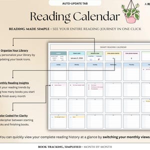 May include: A digital reading calendar with a beige background. The calendar is titled "Reading Calendar" and includes sections for tracking books. Features include organizing your library, monthly reading insights, and color-coded clarity.