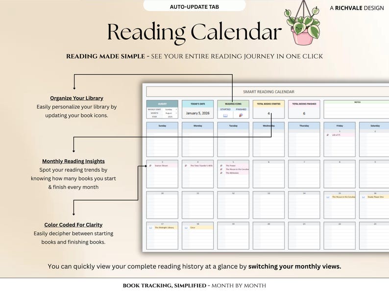 May include: A digital reading calendar with a beige background. The calendar is titled "Reading Calendar" and includes sections for tracking books. Features include organizing your library, monthly reading insights, and color-coded clarity.