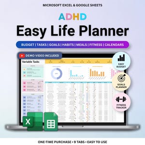 Puede incluir: Una pantalla de portátil muestra una hoja de cálculo "Easy Life Planner" para el TDAH, con secciones para presupuesto, tareas, metas, hábitos, comidas, fitness y calendarios. La pantalla muestra gráficos y datos, con iconos para presupuesto fácil, planificador de metas y seguimiento de fitness. El texto incluye "Demo Video Included".