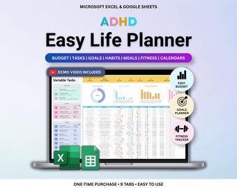 Easy ADHD Life Planner Spreadsheet Excel Google Sheets Budget Tracker Template Task Tracker Habit Tracker To Do List Monthly Calendar